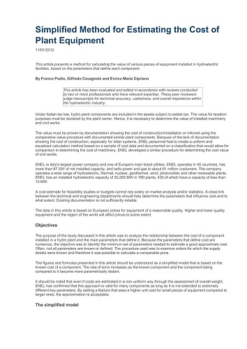 SIMPLIFIED METHOD FOR ESTIMATING THE COST OF PLANT EQUIPMENT
